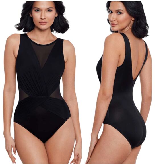 Miraclesuit NWT Illusionists Palma One Piece Swimsuit Black Size 14 Mesh Panel - Picture 1 of 14